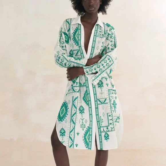 Zara embroidered shirt dress, green